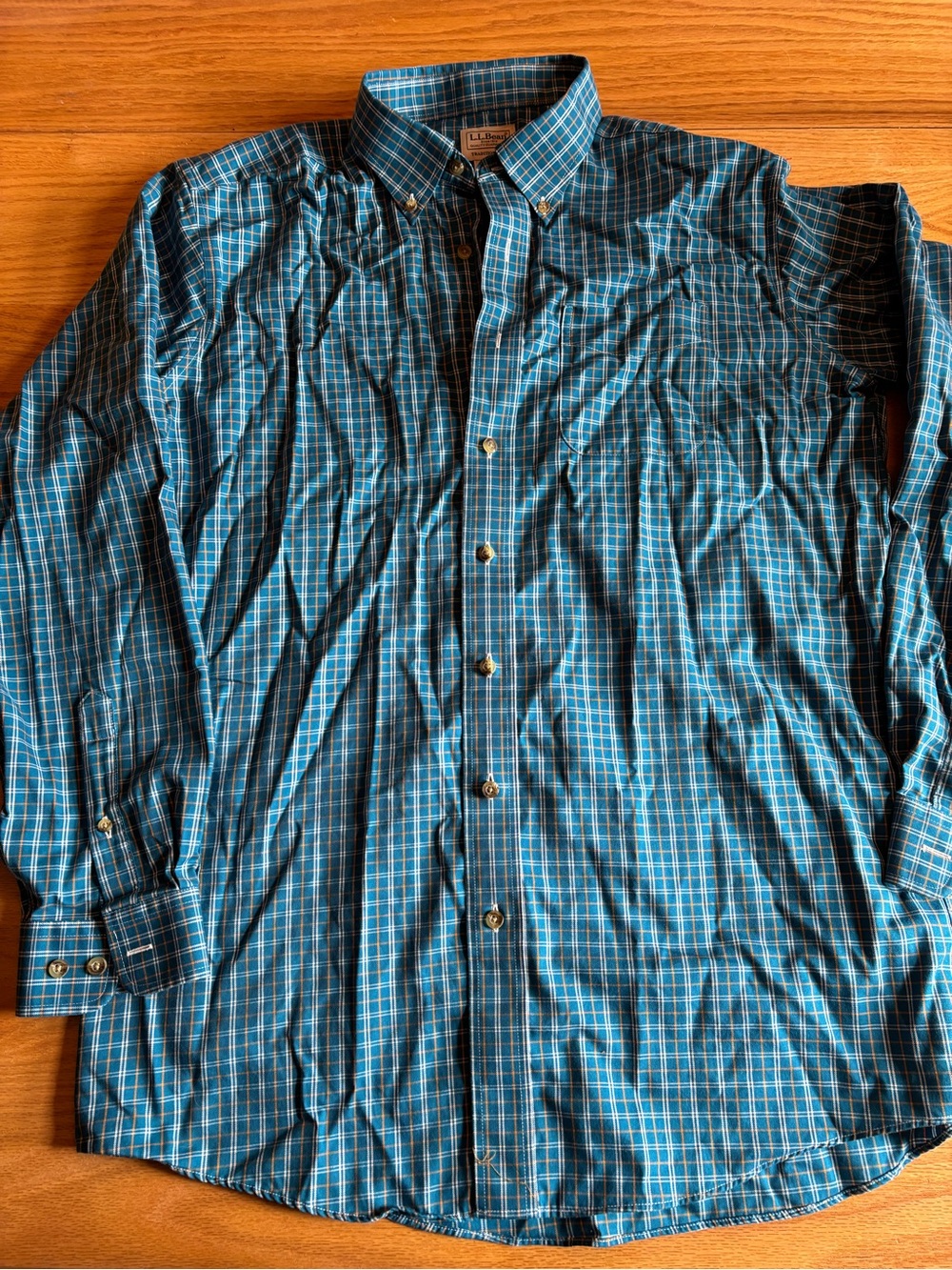 L.L.Bean Men’s Traditional Fit Cotton Shirt L-Tall Teal Orange white plaid